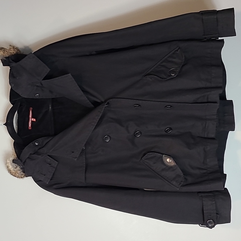 Comptoir des Cotonniers Short Cropped TrenchCoat Winter Faux Fur‎ Trim Jacket